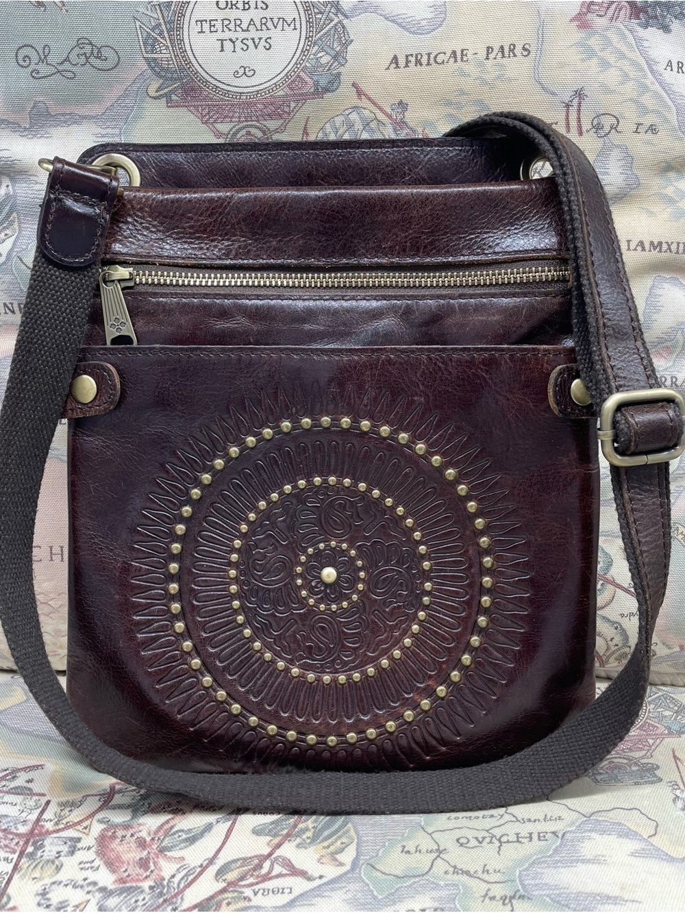 Patricia Nash Francesca Dark Brown Tooled & Brass Studded Crossbody Bag